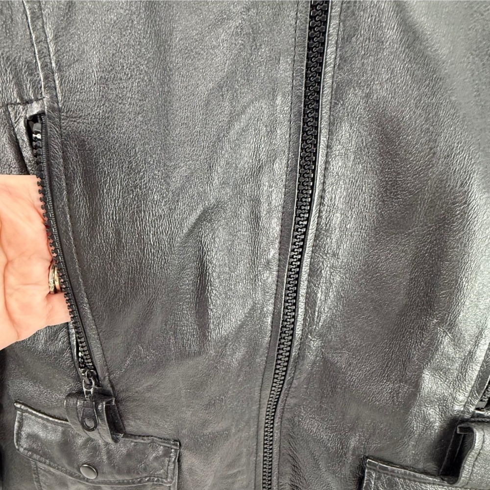 WILDA Genuine Leather Jacket Womens Medium Fur Collar Black Moto Biker Bomber - Picture 6 of 12